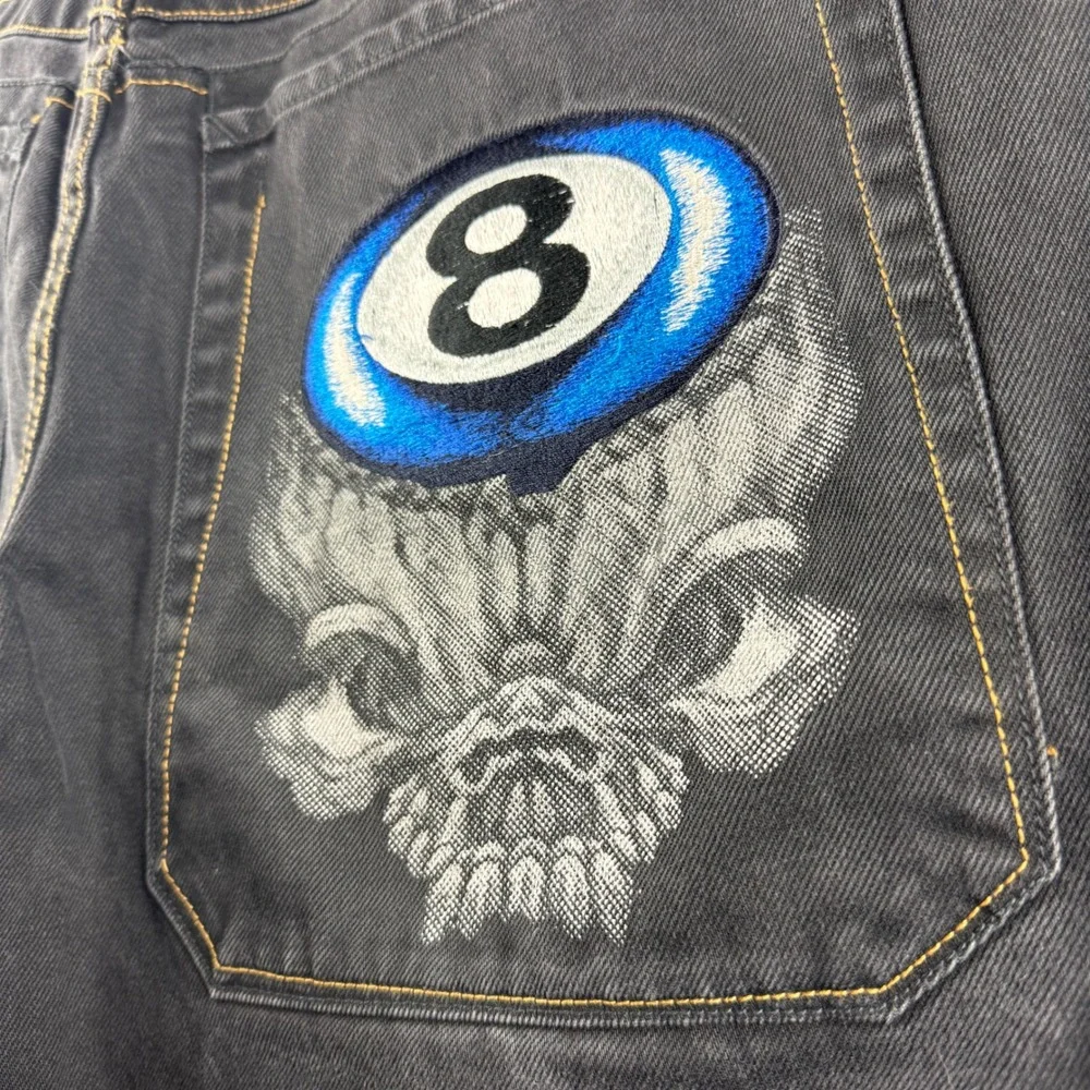 JNCO 8 Ball Jorts Men's 36 Black Skull Y2K Vintage Baggy Jean Shorts Embroidered